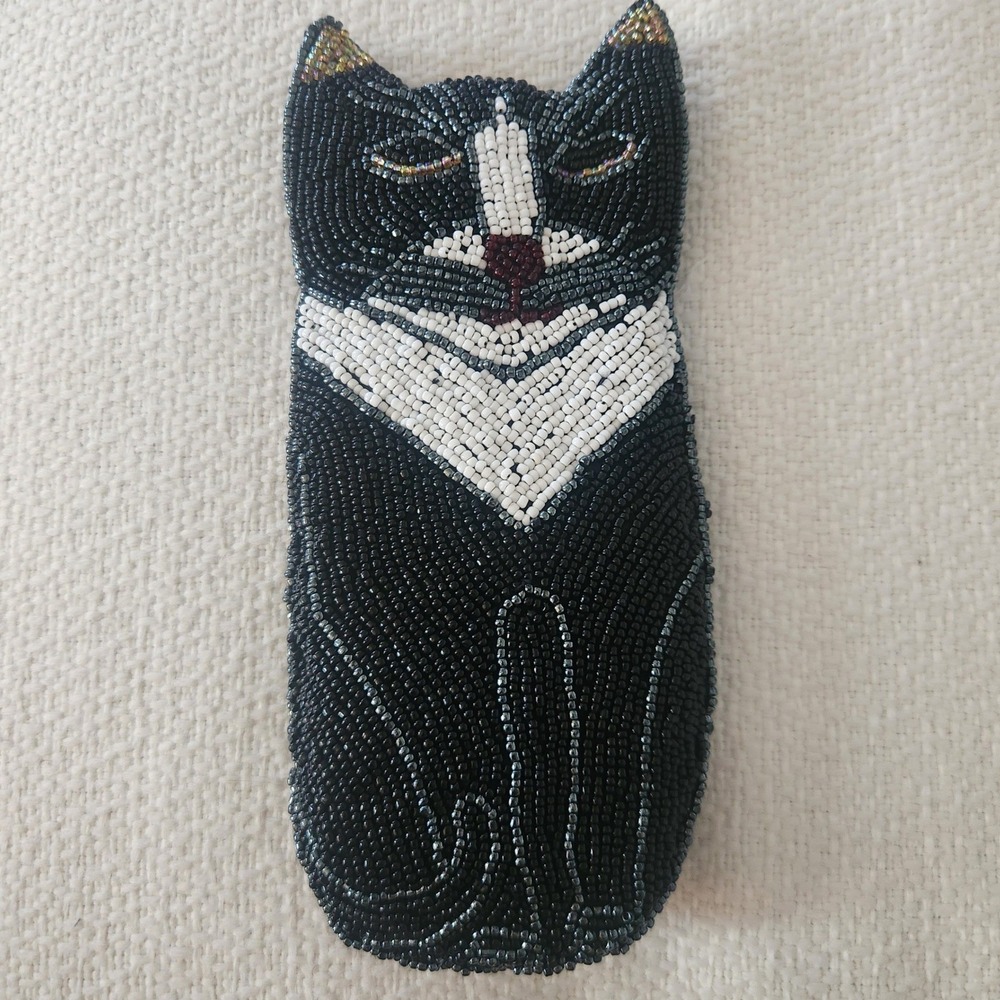 Vintage Beaded Tuxedo Cat Unisex OS Black Good Whimsical Seed Bead Glasses Case